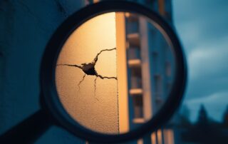 Förstoringsglas visar spricka på vägg utomhus